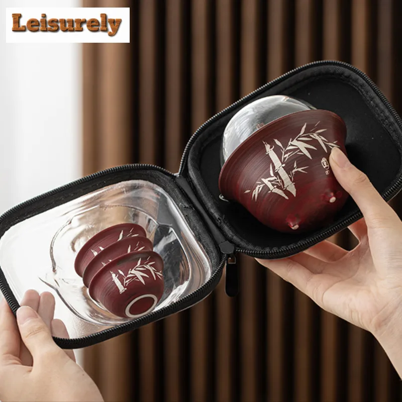 Power Yin Hawthorn Red Bamboo Travel Tea Set Kit Aesthetic 1 Pot 3 Cups Tea Maker Organizer Portable Outdoor Tote Bag Supplies