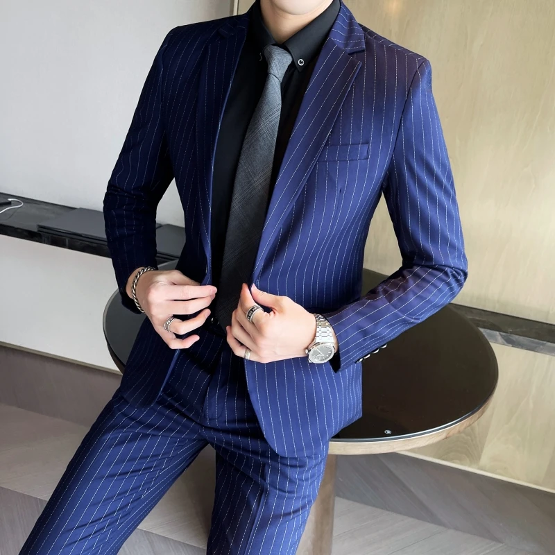 Men's Slim Fit Two-Piece Formal Suit Set Spring Autumn Stripes Business Casual Trousers And Jacket Combo