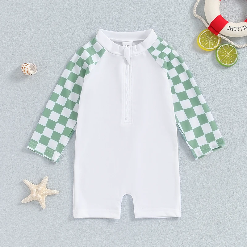 긴 소매 라운드 넥 지퍼 래쉬 가드 수영복, 바둑판 세트, 6M-4T 소년 수영복
