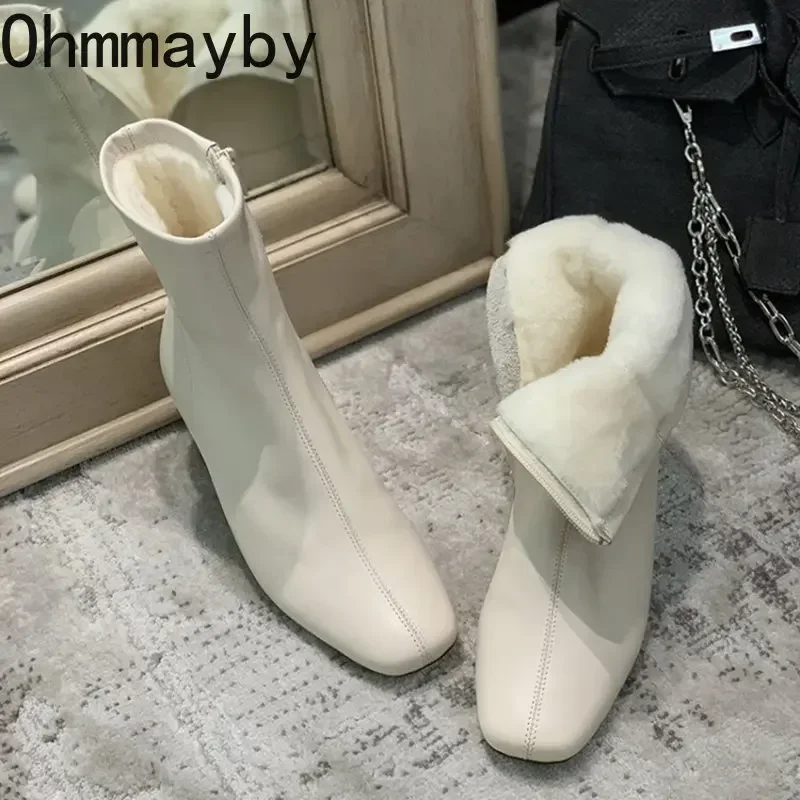 Winter Boots Ankle Boots Women High Heeled Boots Winter Warm Plush Women Ankle Boots Fashion Zippers Thick High Heel Shoes Street Style Eelgant Keep Warm Ladies Short Boot