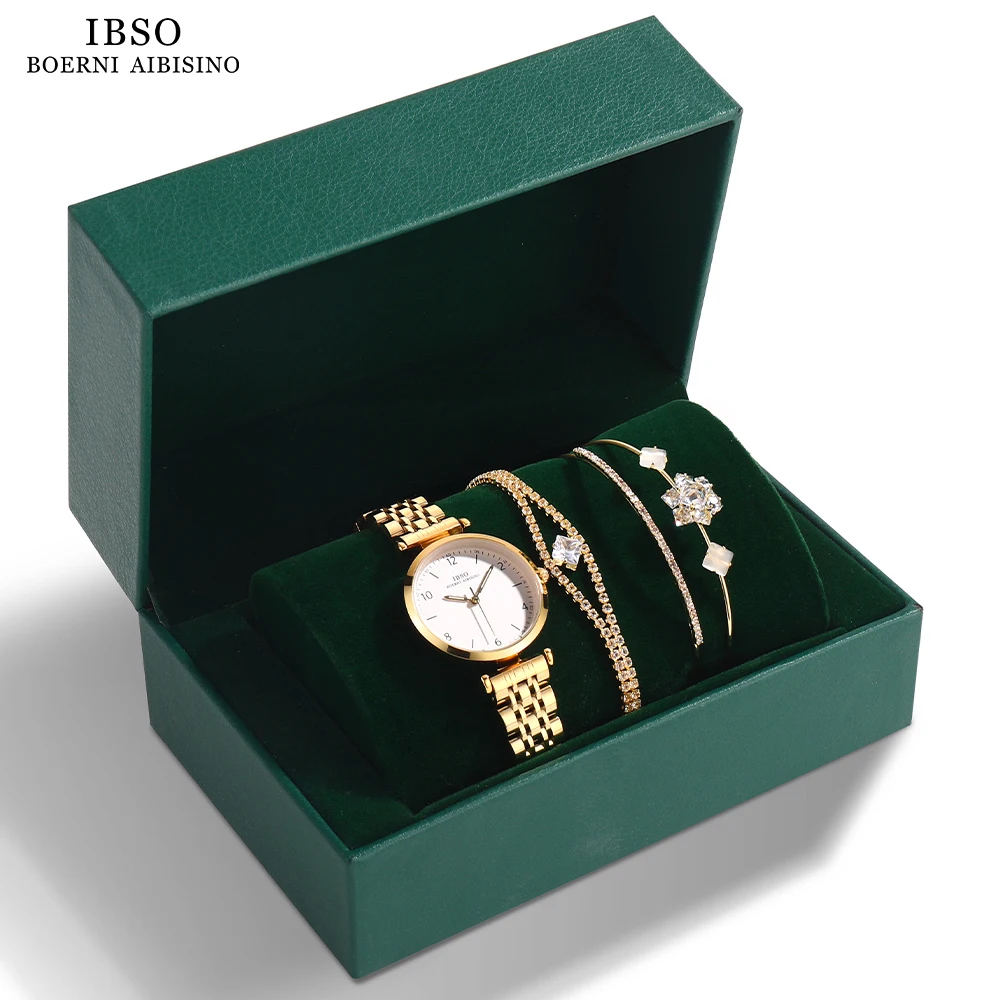 

IBSO 2023 New Women Green Watch Set Japanese Quartz Movement Luminous Hands Ladies Watch Sets Waterproof Luxury Jewelry Hot Set