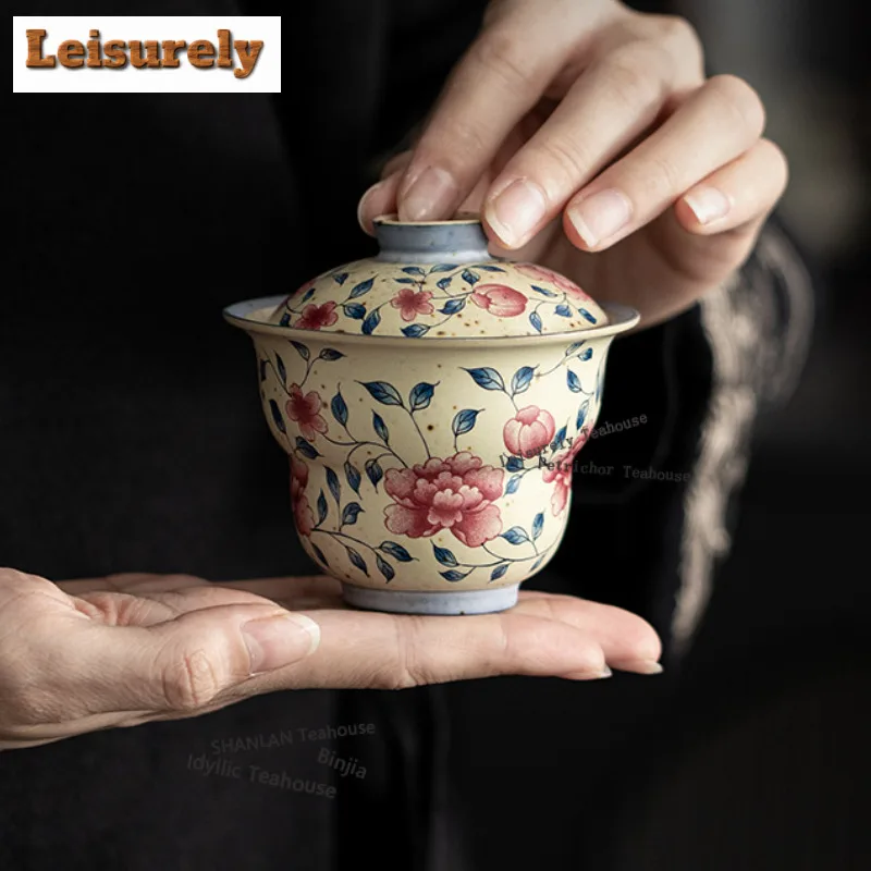 125ML Caramel Glaze Peony Gourd Gaiwan Boutique Tea Tureen Tea Bowl with Lid Kit Tea Maker Cover Bowl Tea Items Ornaments