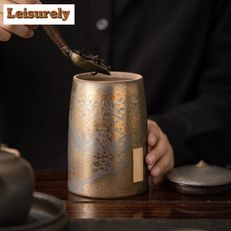 Retro Gilded Iron Glazed  Tea Box Organizer Bamboo Hat Moisture-proof Storage Tank Containers Tea Caddy Chinese Tea Set Craft