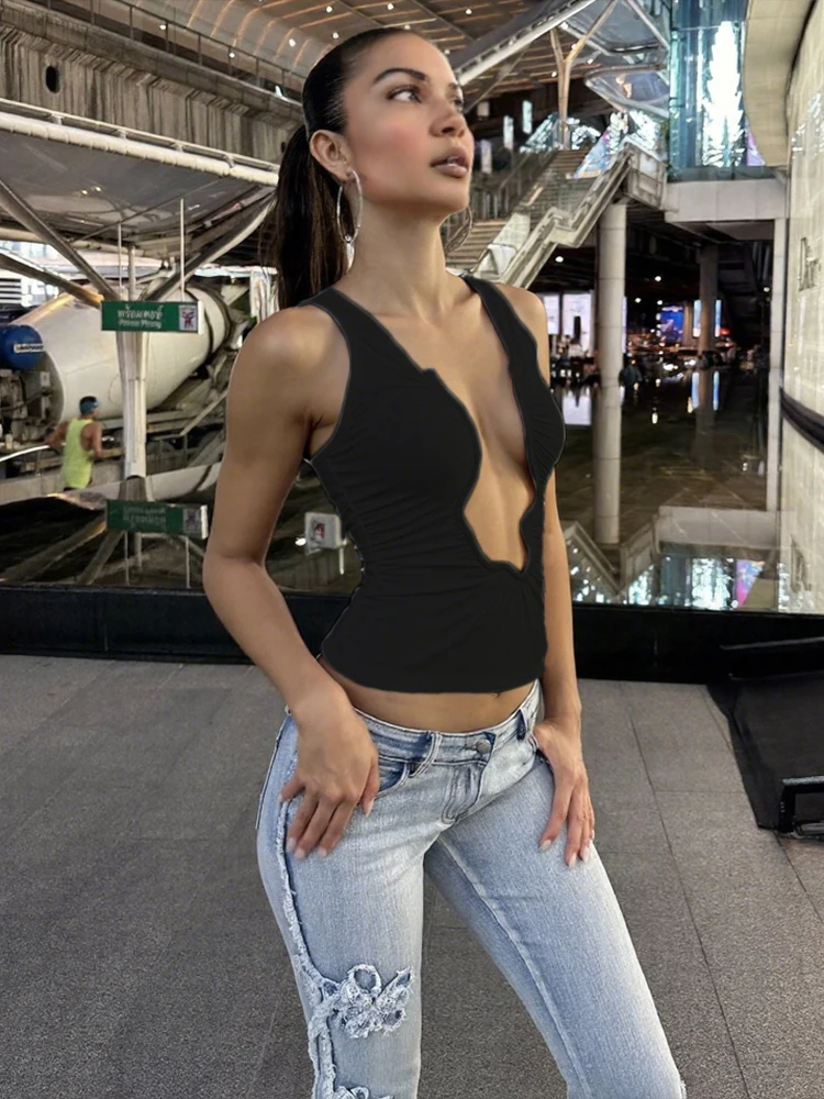 Nibber Sexy Fashion Classic Tank Tops Woman Hot Girls Irregular Deep V-Neck Cleavage Navel Exposed High Street Style Clothing