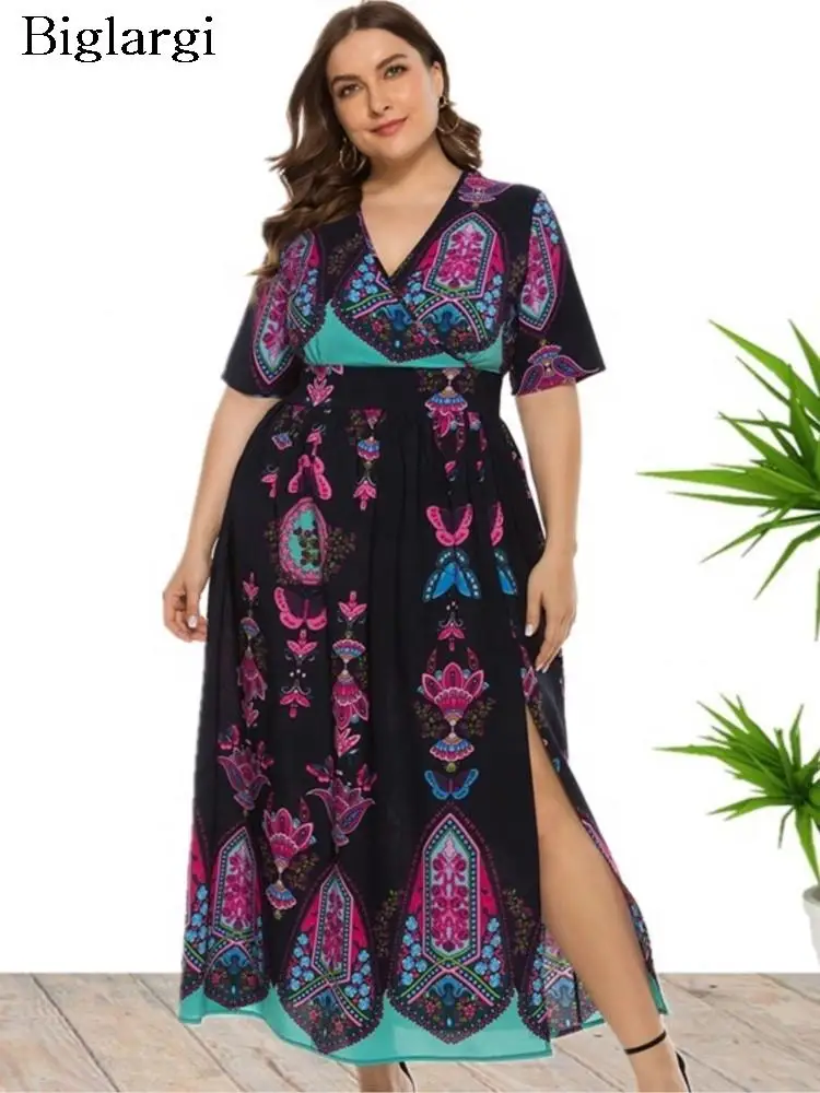 

Plus Size Summer Long Dress Women Bohemian Style Striped Print Ladies Dresses Fashion Casual Loose Woman Dress 2023