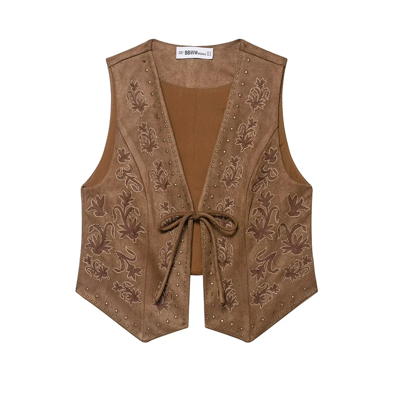 Chic Fashion Bead Embroidery Vest Woman Faux Suede Vests For Women V Neck Sleeveless Front Lace Up Waistcoat Vintage Crop Top