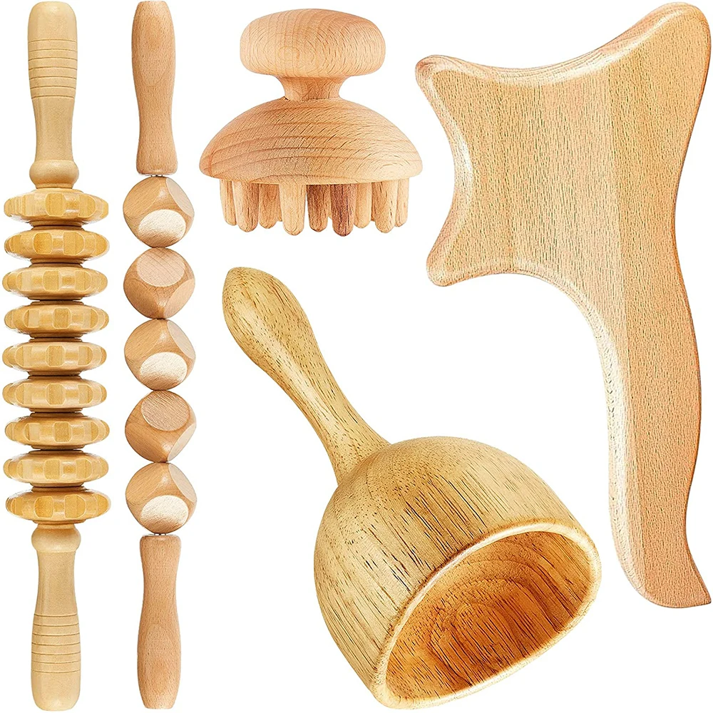 

5Pcs Wood Therapy Massage Tool Lymphatic Drainage Massager Anti Cellulite Fascia Massage Roller for Full Body Muscle Pain Relief