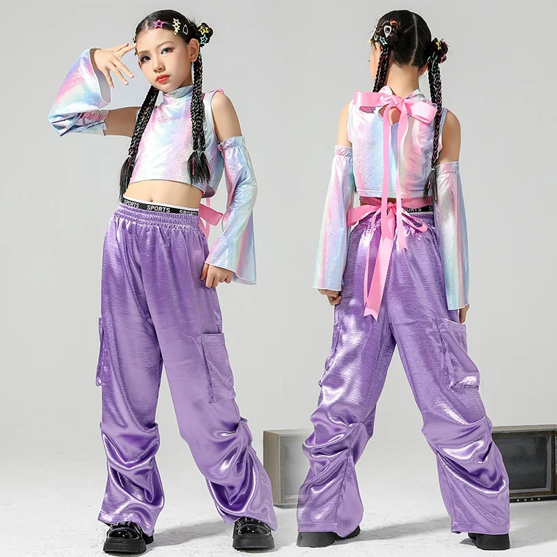 

Kpop Jazz Dancewear Girls Cheerleading Uniform Laser Tops Purple Pants Catwalk Show Stage Costume Kids Hip Hop Clothes DL11281
