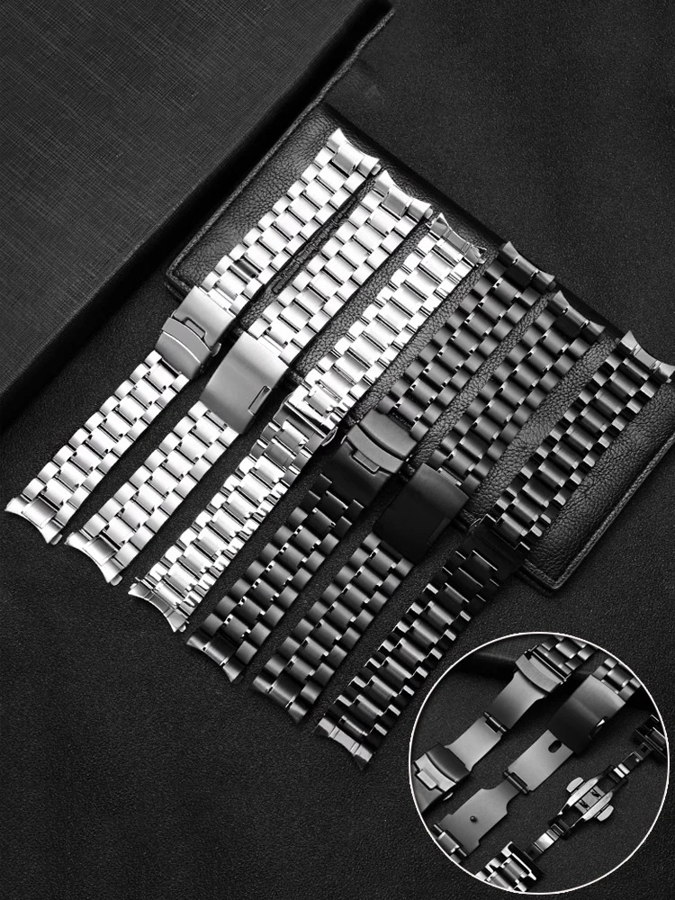 Men's Universal Stainless Steel Watch Band Bracelet - Solid Flat/Curved End, 18mm-24mm Adjustable