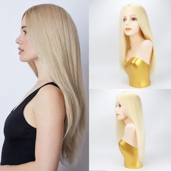 # Parrucca in capelli umani biondi 613, la più chiara, con parte superiore in seta 6x6 pollici e bordo in PU, con rete elastica, parrucca medica per donna