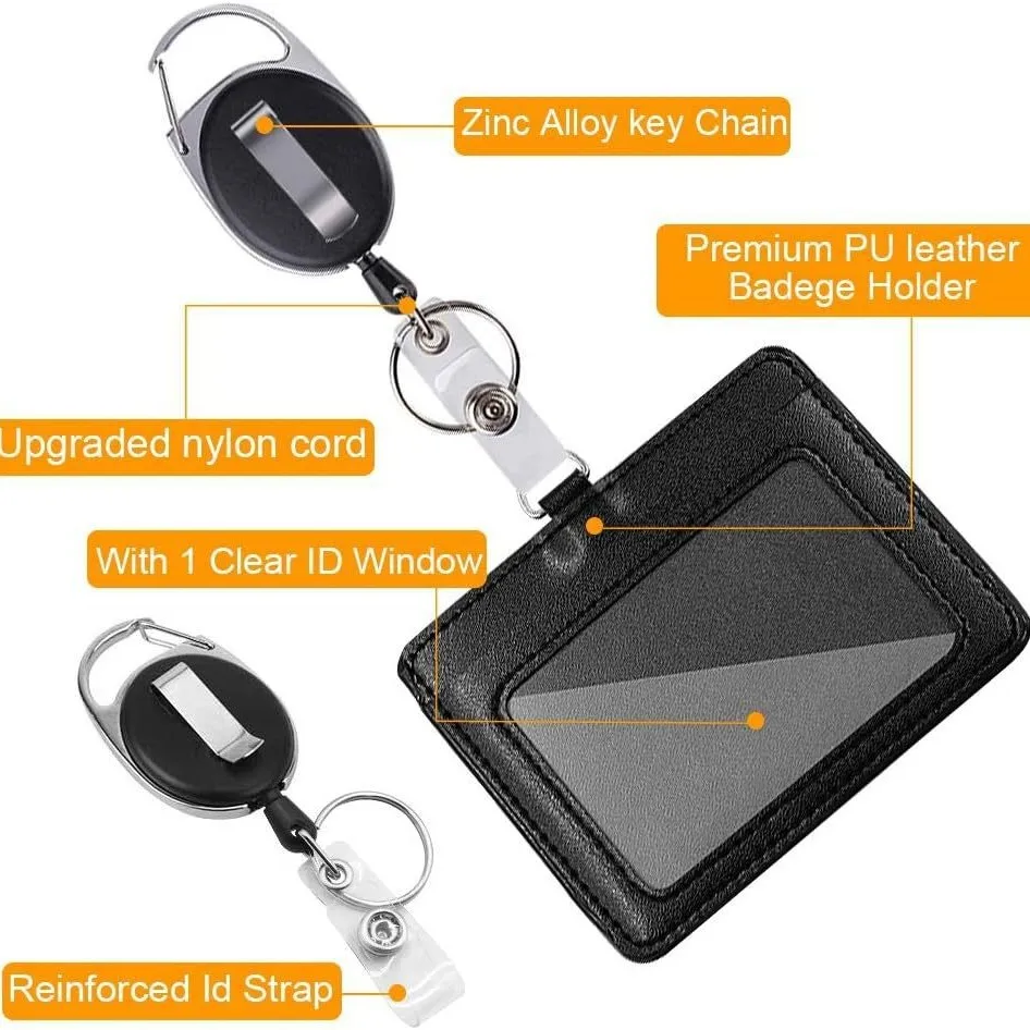 Premium Leather Retractable ID Badge and Card Holder with Lanyard