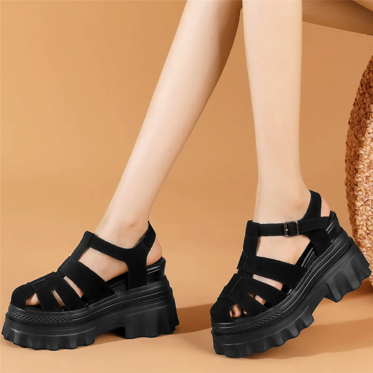 2022 Fashion Sneakers Women Back Strap Genuine Leather High Heel Gladiator Sandals Female Round Toe Platform Pumps Casual Shoes