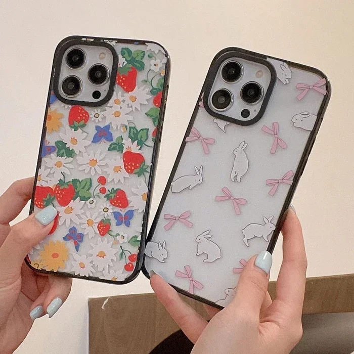 2.0 Version Acrylic Upgrade Border Flower Strawberry Phone Case Cover for IPhone 11 12 13 14 15 Pro Max Case for IPhone 15 Pro