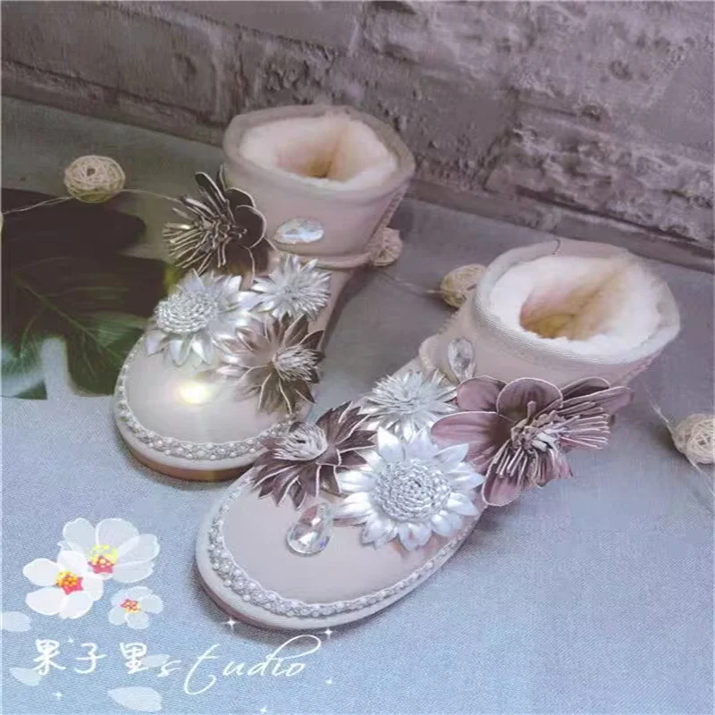 

Зимние теплые ботинки на флисе, с цветами, на меху, ручной работы, на заказ, модные женские ботинки большого размера 35-44