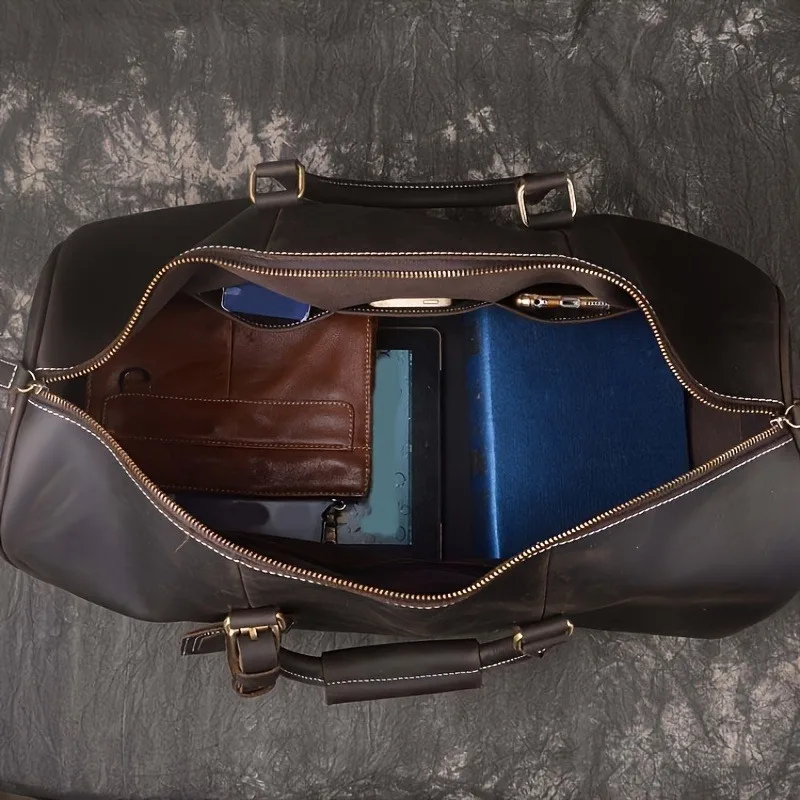 Genuine Leather Duffel Bag Vintage Style Large Capacity Luggage Travel Bag with Shoe Compartment Detachable Shoulder Strap Brown