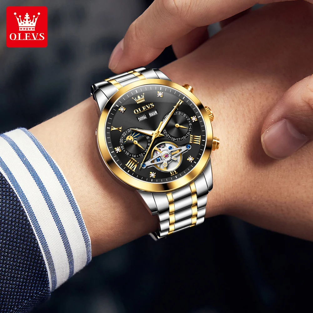 OLEVS 7029 Men Automatic Mechanical Watches Luxury Original Skeleton Men's Wristwatches Business Top Brand Moon Watch For man