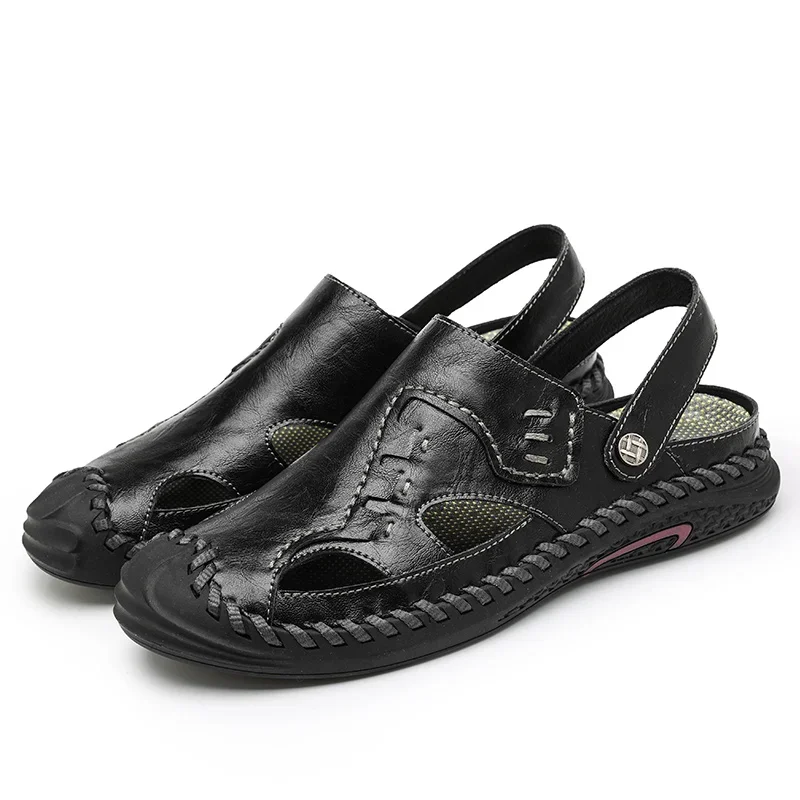 

2023 New Brown Summer Men Genuine Leather Sandals Outdoor Non-slip Beach Black Flat Fisherman Casual Shoes Big Size 38-46
