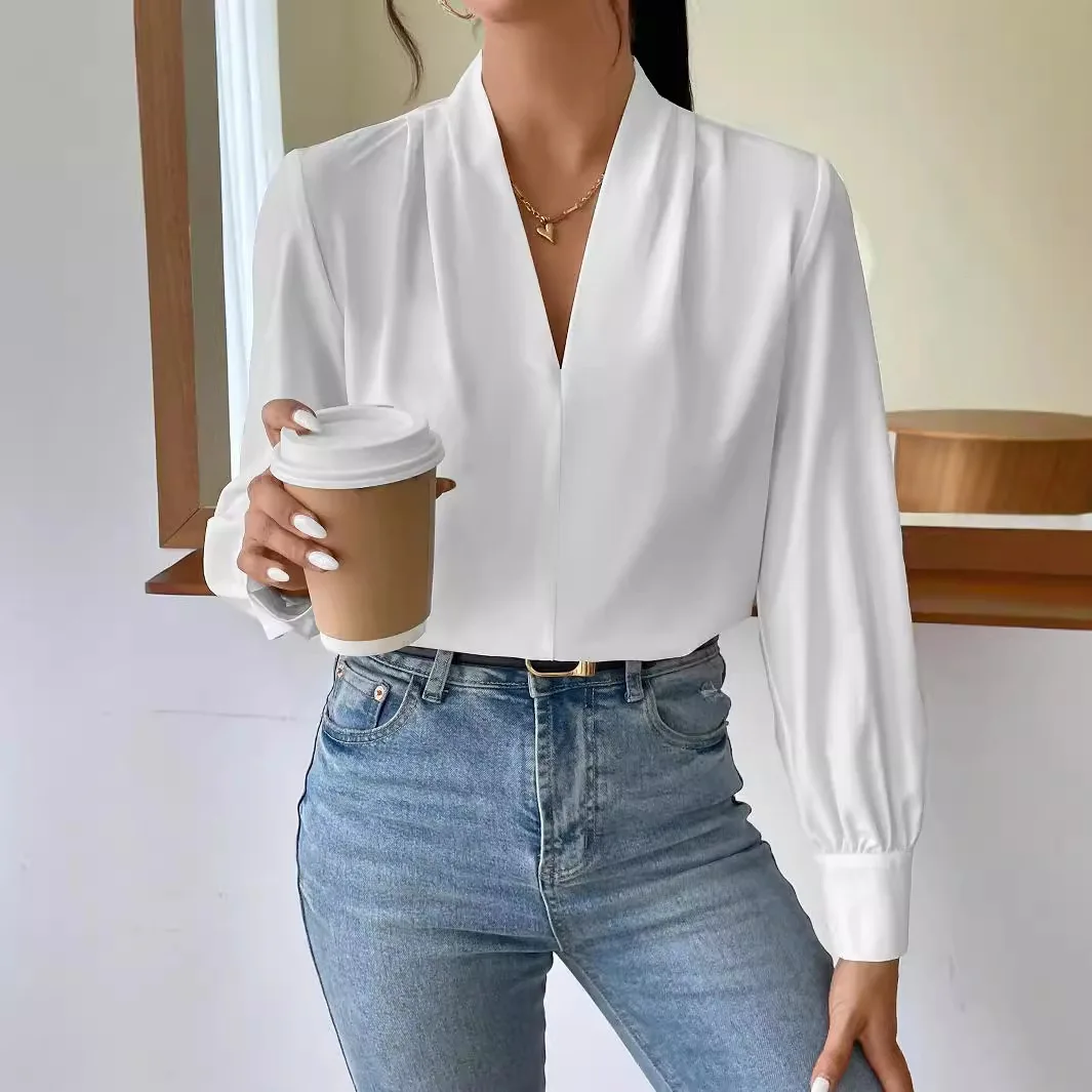 Women Long Sleeve V Neck Slim Fit Blouse for Autumn Workwear