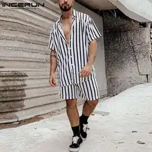 

Fashion Casual Men's All-match Striped Sets Short Sleeve T-shirts Streetwear Short Pants Striped Print Suits S-5XL INCERUN 2021