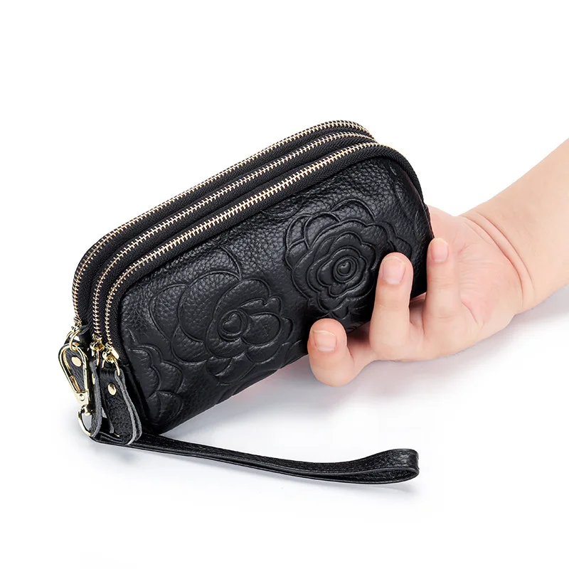 Ladies genuine leather clutch purses Long Women Wallet Multilayer Zipper wrist bag female Coin Purse Flowers Mobile phone bag