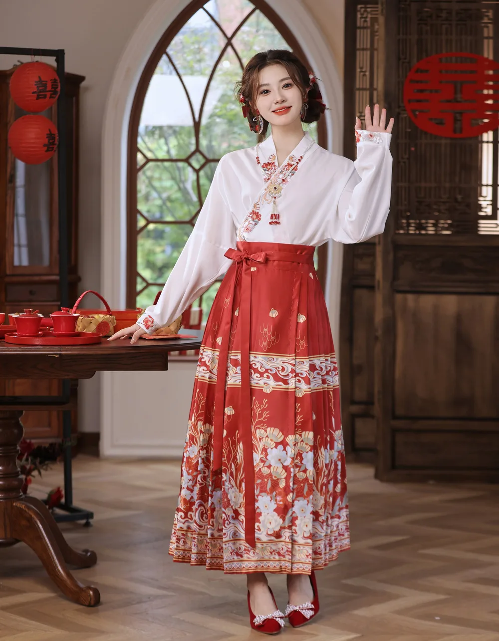 

Women New Chinese Style Hanfu Set Embroidery Dress Long Sleeve Tops and Skirt Wedding Costume Horse-face Skirt Vintage Cheongsam