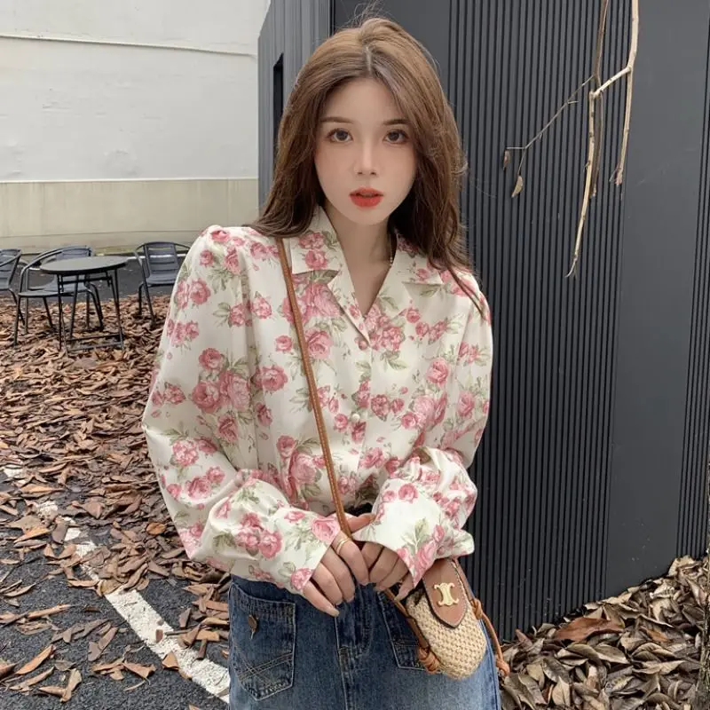 Korea Women Clothing Korean Floral Turn-down Collar Long Sleeve Blouse Spring Fashionable Buttons Shirts Female Vintage Printing