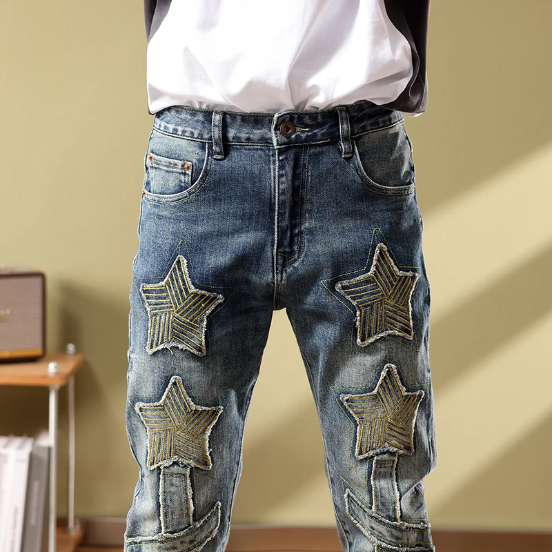 High quality jeans  men's patchwork slim fitting small straight leg pants embroidered pants mens denim  cargo jeans clothing