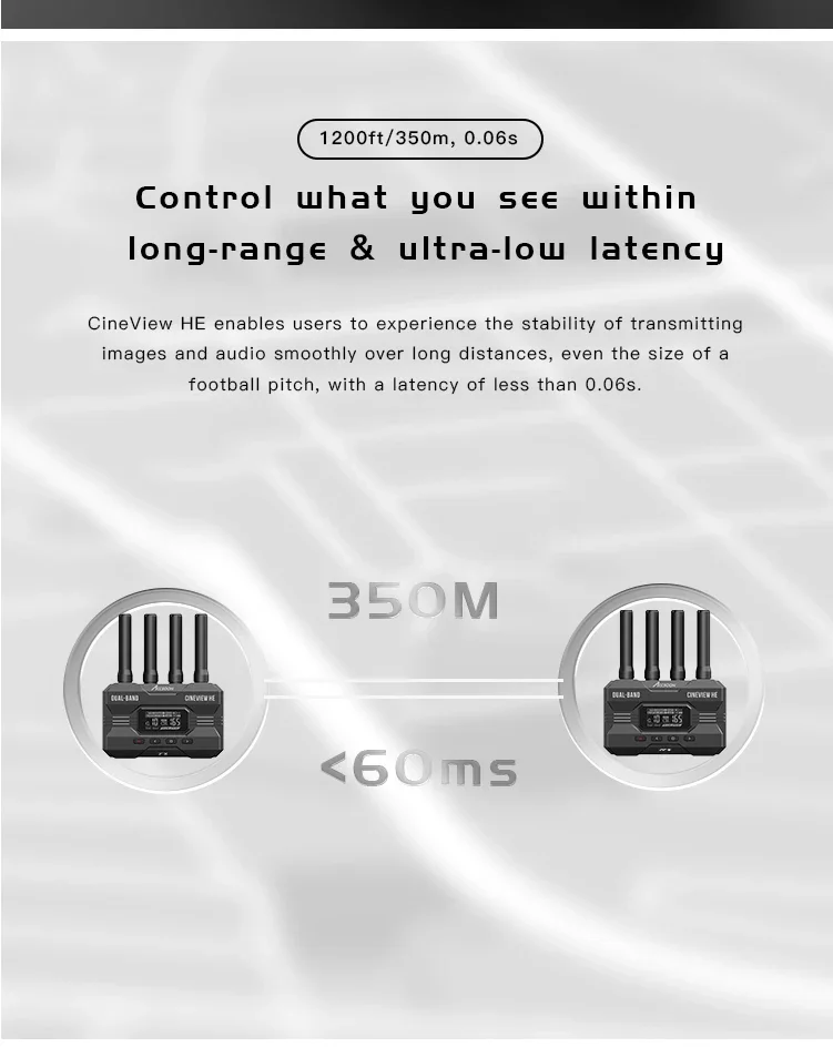 CineView HE 듀얼 밴드 무선 비디오 송신기 시스템, 스마트폰 라이브 스트림용, SDI 및 HD, 1200ft, 60ms