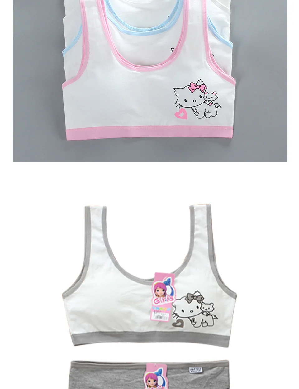 LJMOFA Girls Cute Underwear Set Kids Cotton Sports Training Bra Solid Color Letters Printed Neckline Teenage Briefs Panties B219