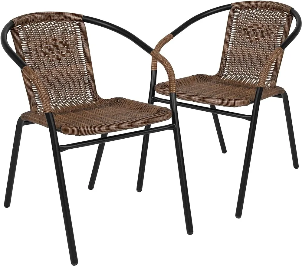 

2/4 Pack Brown/Beige/Black/Grey Rattan Indoor-Outdoor Restaurant Stack Chair with Curved Back, Garden, Balcony, Patio Chair