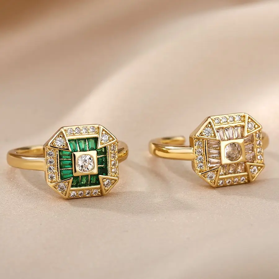 Office Stainless Steel Square Ring For Women Friends Vintage Green Zircon Cross Finger Ring