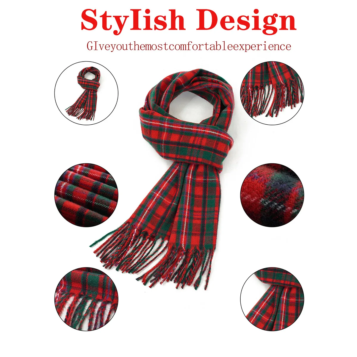 A cashmere plaid scarf with soft and warm texture, classic winter red and green plaid unisex scarf shawl 3