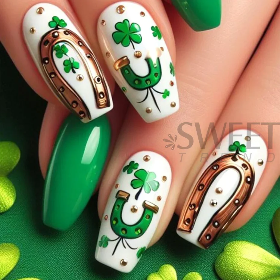 12pcs 3D Green Four Leaf Clover Cartoon Character Nail Sticker Beer Letter Water Transfer Slider DIY Manicure Art Decoration Tip