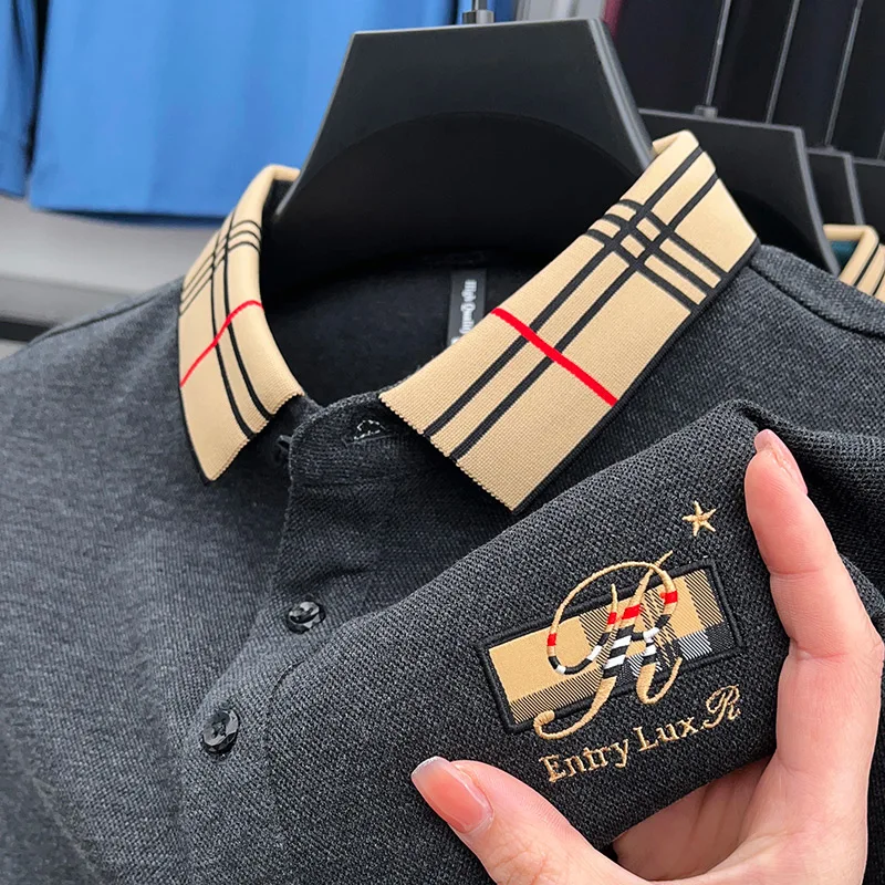 Men's Polo Shirt Autumn Lapel Embroidered Jacquard Long Sleeve T-Shirt Casual Wear