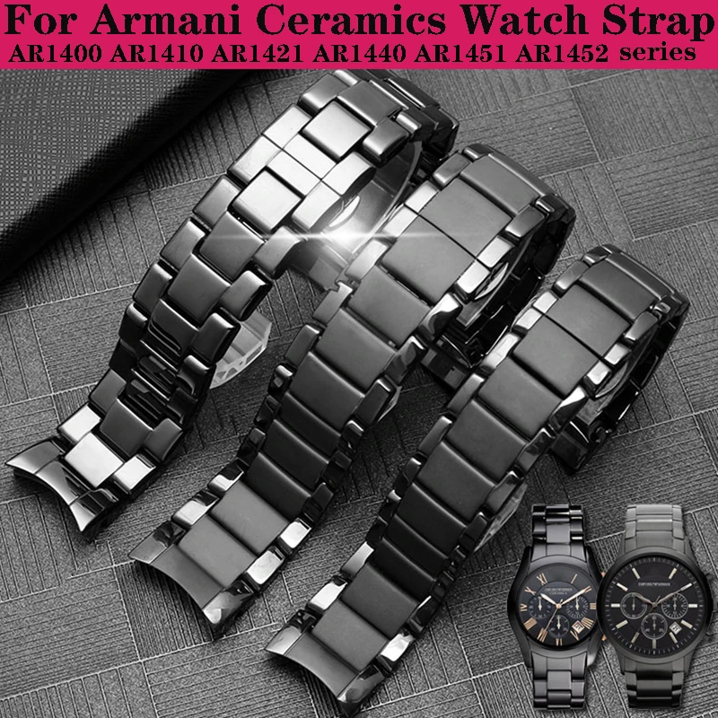

High Quality Ceramics Watchband 22mm 24mm for Armani AR1451 AR1452 AR1400 AR1410 Watch Straps Stainless Steel Butterfly clasp