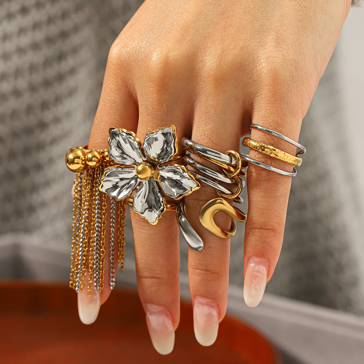 Y2K Gold-Silber gemischte Farben, Stahl, Gothic, hochwertige, verstellbare Ringe, Set, Damen-Charm, wasserdicht, luxuriöser Schmuck, Geschenke – Detail 20