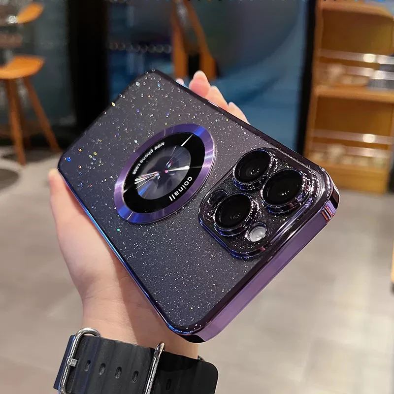 

Fashion Glitter Transparent Phone Case For iPhone 15 14 Plus 12 13 ProMax Electroplated Magnetic PC Full Package Protective Case