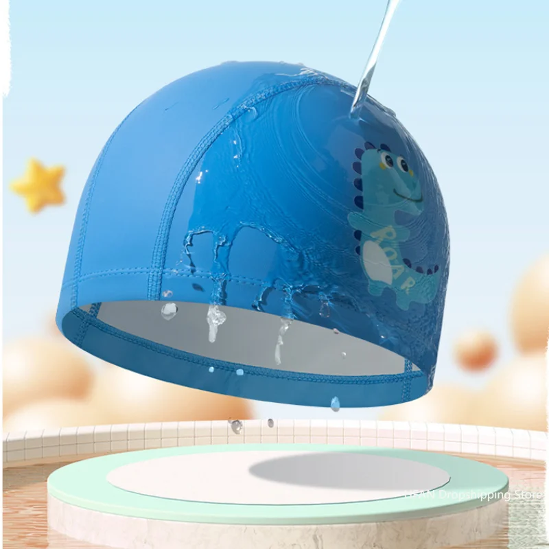 Kids Children Swimming Cap Waterproof PU Fabric Cute Cartoon Animal Dolphin Protect Ears Long Hair Boys Girls Swim Pool Caps Hat