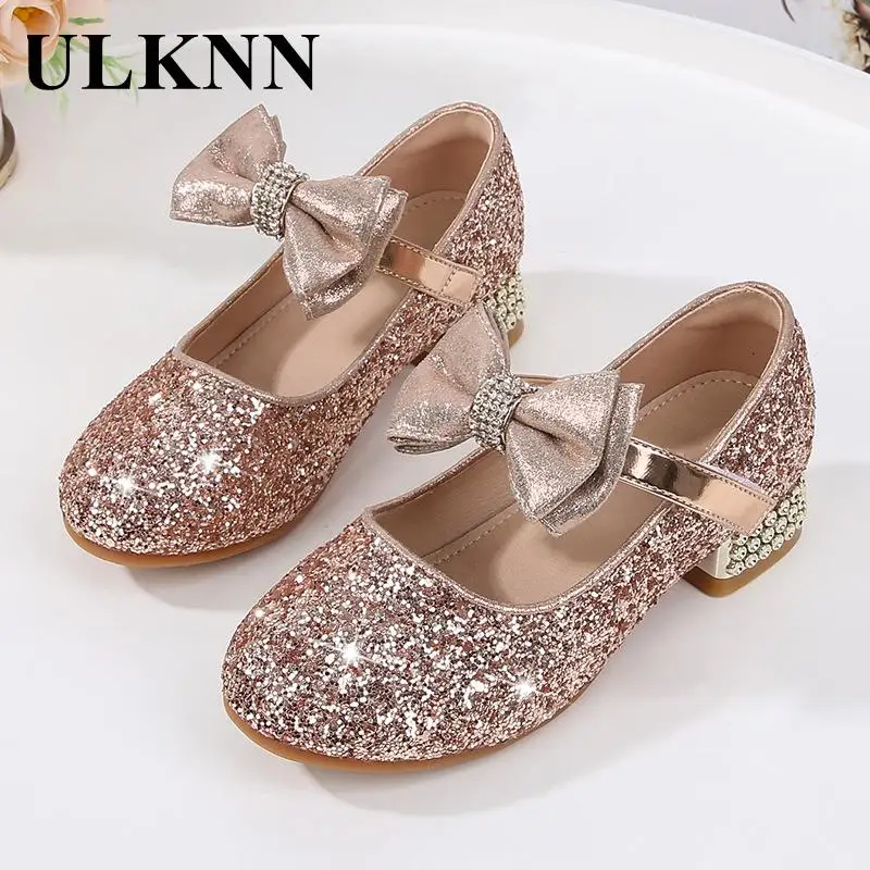 Children's Heels Students Bow Dance Shoes Princess  Slipper Cuhk 2023 New Children's Fashion Girls Party Golden Shoe High Heels