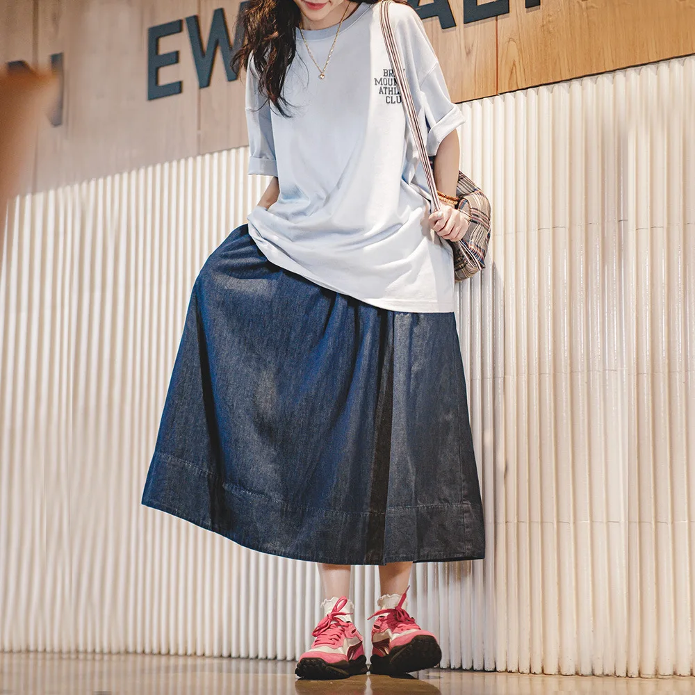 

Maden Women's Japanese Denim Umbrella Skirt Navy Blue Elastic High Waist Long Jean Skirts Harajuku Vintage A-line 6.6oz Dress
