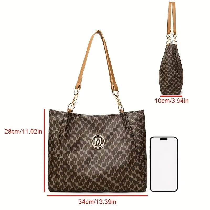 Vintage Geometric Tote Bag Synthetic Leather Letter "M" Design for Women Handbag Shoulder Bag Large Capacity Shopping Travel Bag