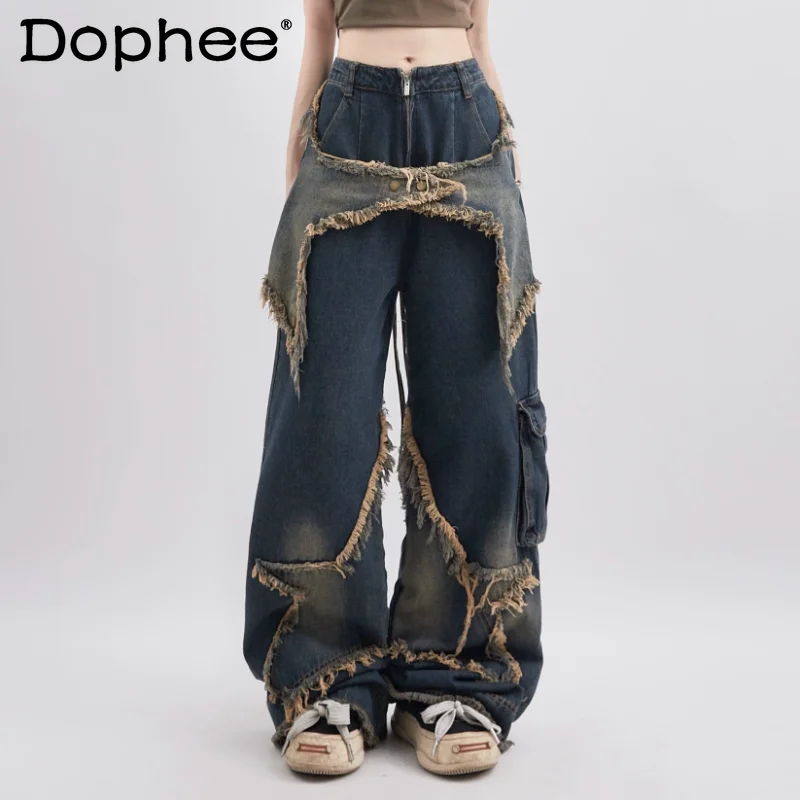 

Jeans Pants Women's Summer European Style Fashion Retro Design Affixed Cloth Embroidered Distressed Straight-Leg Denim Trousers