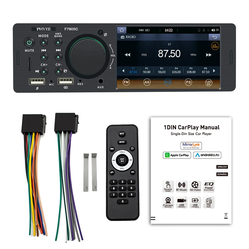 1 Din 4 CarPlay Car Radio Bluetooth Android-Auto MP5 Player Handfree A2DP  USB Stereo Audio System Multimedia Head Unit F7805C