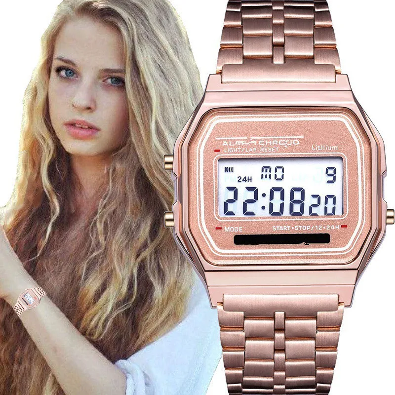 

Steel Belt Led Electronic Watch Ultra-thin Gold and Silver Cold Light Watch Harajuku Fashion Multifunctional Watch Womens Watch