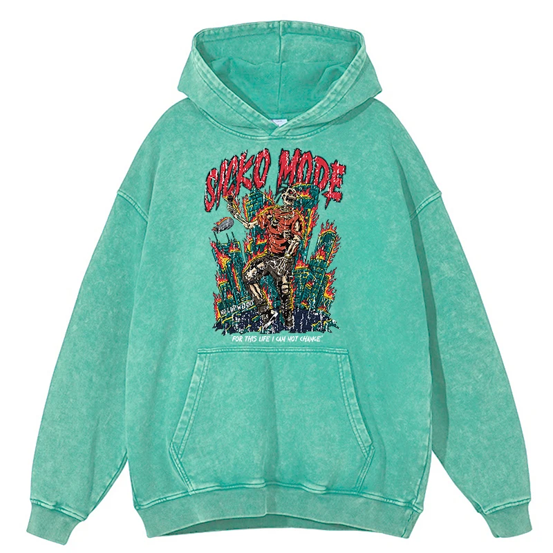 Sudadera con capucha holgada de algodón 100 % estilo hip hop para hombre, con estampado de esqueleto desgastado y estilo retro, con capucha holgada de estilo hip hop