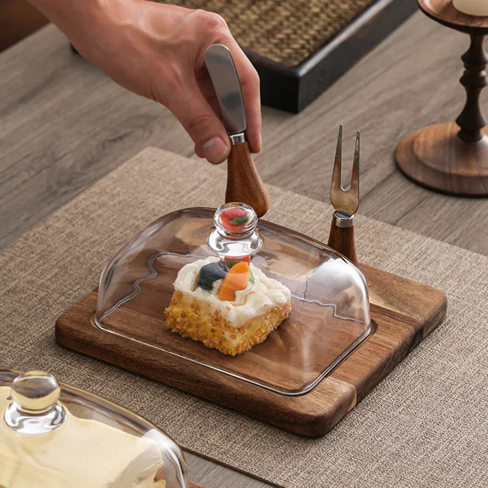 Retro Wooden Butter Box with Knife and Fork Clear Glass Lid Storage Boxs Cheese Butter Cheesecake Dessert Plate Storage Tray