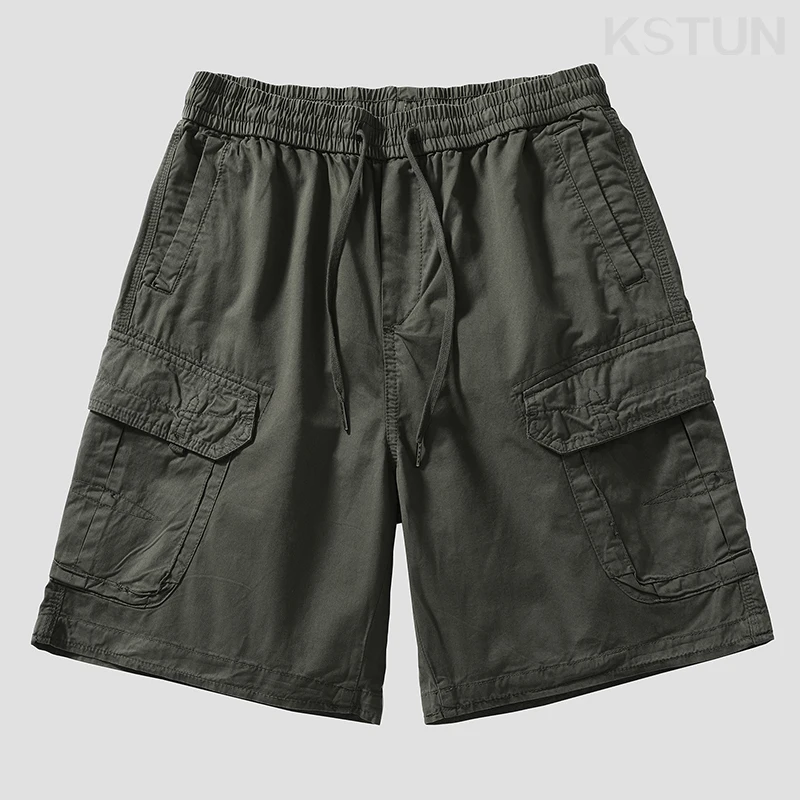 100% Cotton Summer Short Pants Loose Fit Overalls Male Cargo Shorts Casual Trendy Elastic Waist