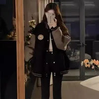 Ladies Thickened Fleece Baseball Jacket Loose Casual Open Cardigan Sweatshirt Autumn Winter Fashionable Vintage Style Coat