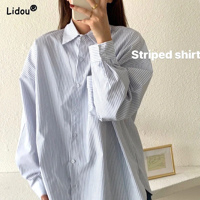 All Season Women's Clothing Fashion Thin Loose Turn-down Collar Pockets Button Classic Striped Street Casual Blouses Office Lady