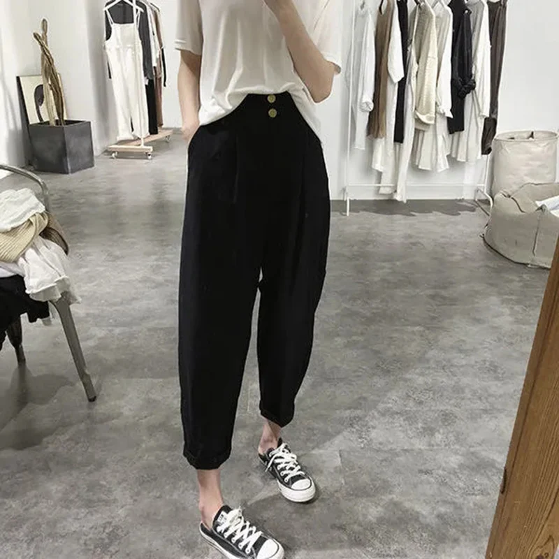 black capri pants Rimocy Spring Summer Button Up Harem Pants for Women 2022 Oversized High-waist Casual Trousers Woman Solid Wide Leg Ladies Pants cigarette pants